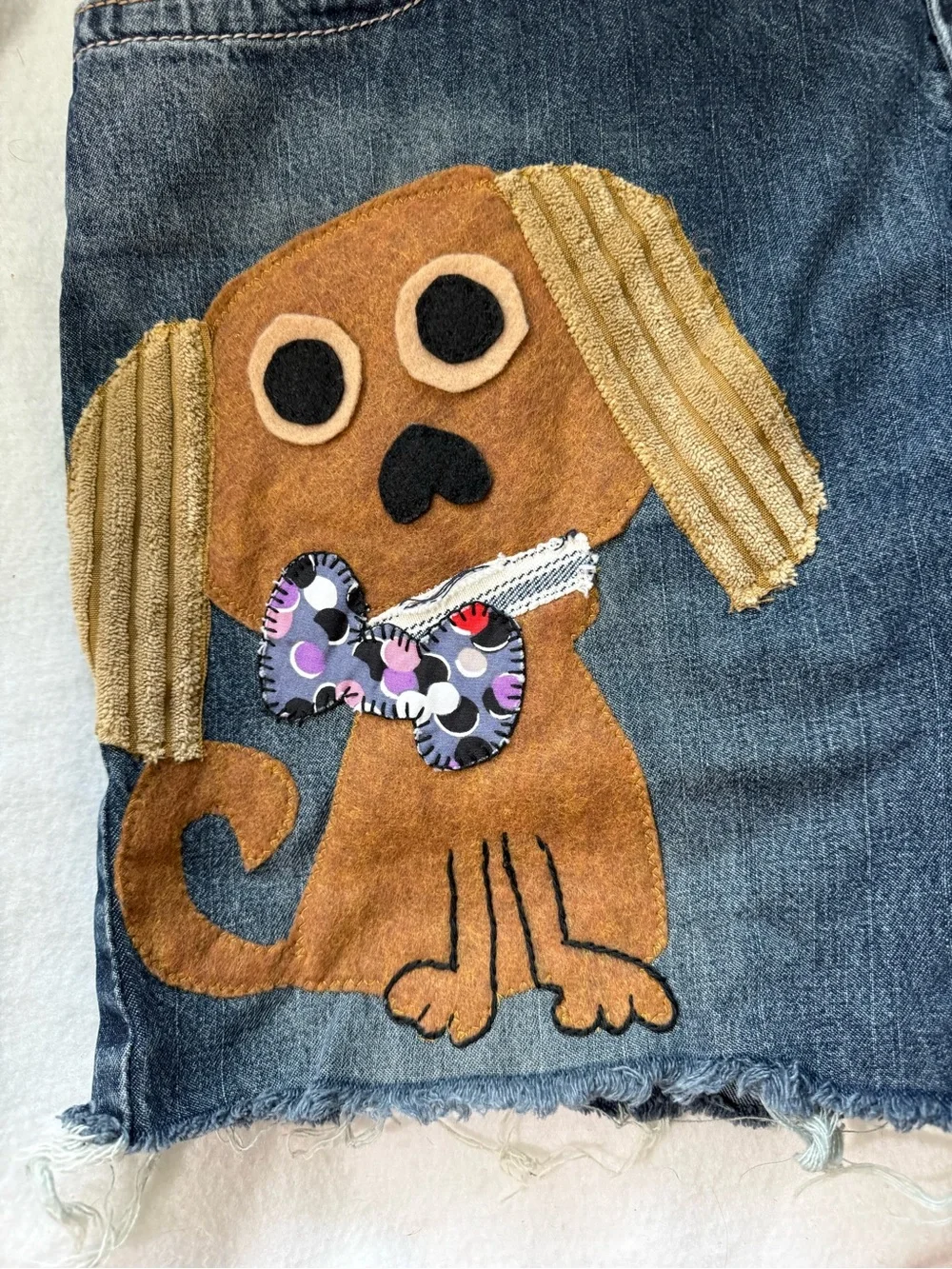 Upcycled Boho Jean Shorts Hand-Stitched Embroidered Puppy Patchwork Raw Hem Lg